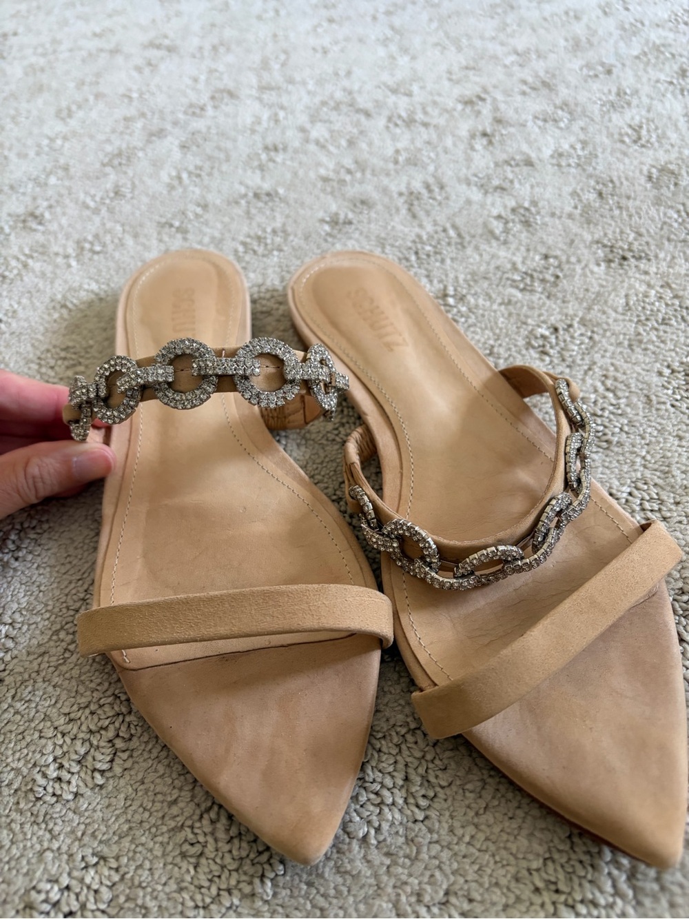 SCHUTZ Beige Pointed Slide with Crystal Chain Detail